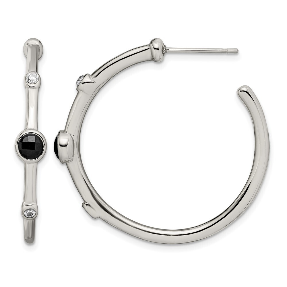 Stainless Steel Polished Black Onyx & Cz Post Hoop Earrings